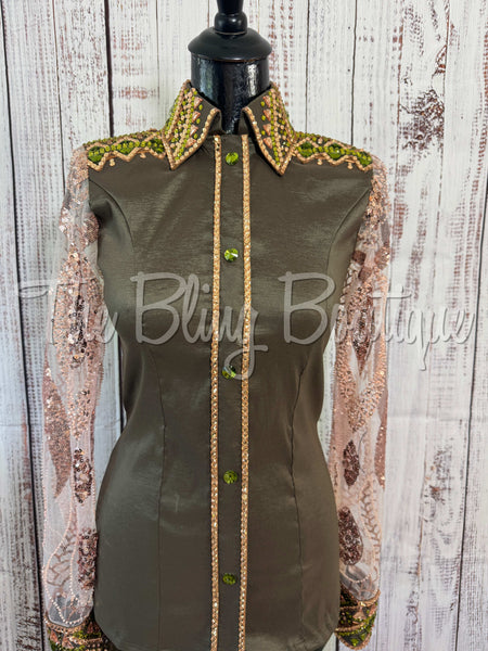 Olive Green & Champagne Day Shirt Set With Lace Sleeves (S)