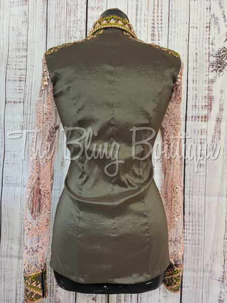 Olive Green & Champagne Day Shirt Set With Lace Sleeves (S)