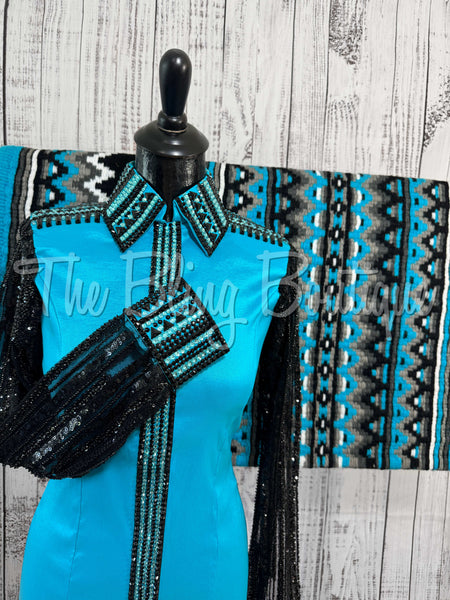 Turquoise & Black Day Shirt Set With Lace Sleeves (S)