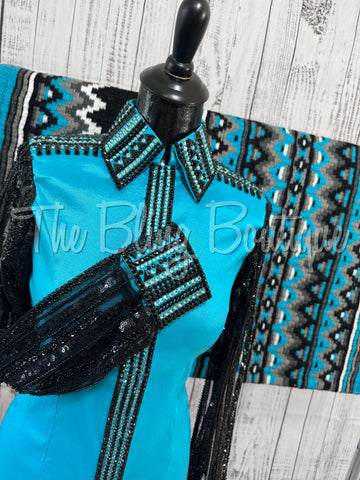 Turquoise & Black Day Shirt Set With Lace Sleeves (S)