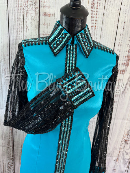 Turquoise & Black Day Shirt Set With Lace Sleeves (S)