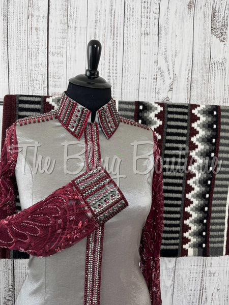 Grey & Burgundy Day Shirt Set With Sheer Sleeves (XL)