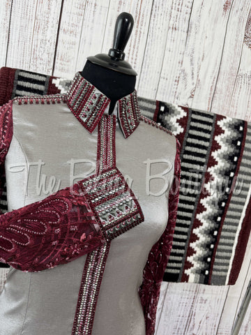Grey & Burgundy Day Shirt Set With Sheer Sleeves (XL)