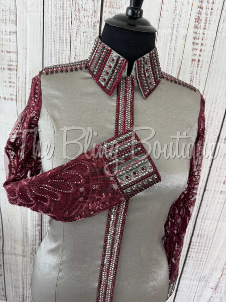 Grey & Burgundy Day Shirt Set With Sheer Sleeves (XL)