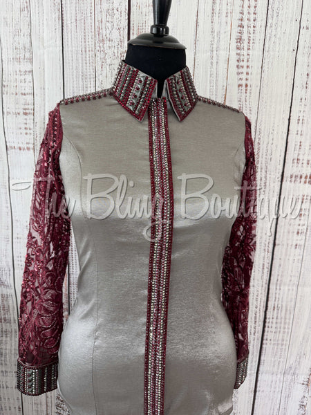Grey & Burgundy Day Shirt Set With Sheer Sleeves (XL)