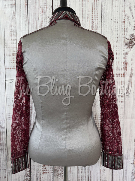 Grey & Burgundy Day Shirt Set With Sheer Sleeves (XL)
