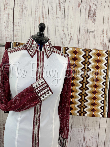 White & Burgundy Day Shirt Set With Lace Sleeves (L)