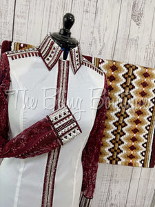 White & Burgundy Day Shirt Set With Lace Sleeves (L)