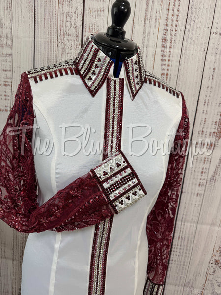 White & Burgundy Day Shirt Set With Lace Sleeves (L)