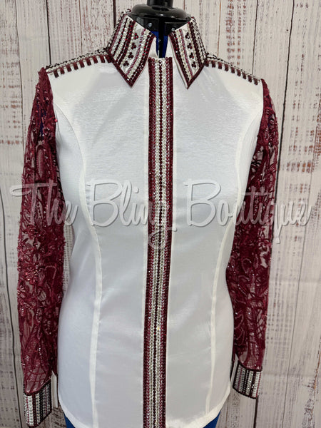 White & Burgundy Day Shirt Set With Lace Sleeves (L)