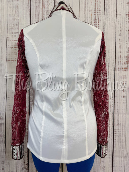 White & Burgundy Day Shirt Set With Lace Sleeves (L)