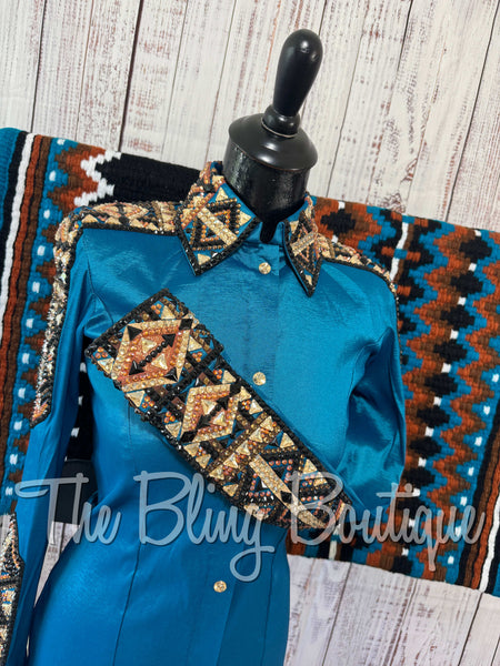 Dark Turquoise, Copper, Than & Black Day Shirt Set (Small)