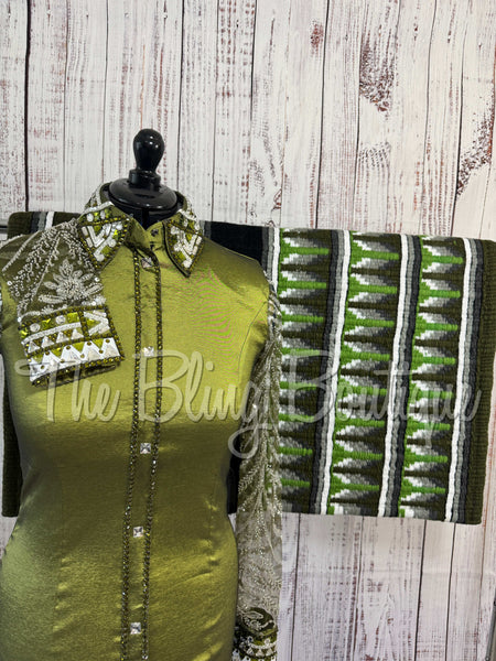 Olive Green & Grey Day Shirt Set With Lace Sleeves (M)
