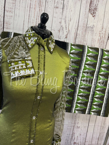 Olive Green & Grey Day Shirt Set With Lace Sleeves (M)