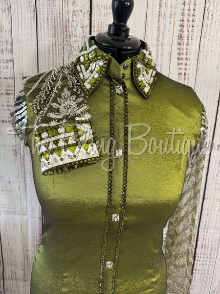 Olive Green & Grey Day Shirt Set With Lace Sleeves (M)