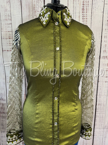 Olive Green & Grey Day Shirt Set With Lace Sleeves (M)