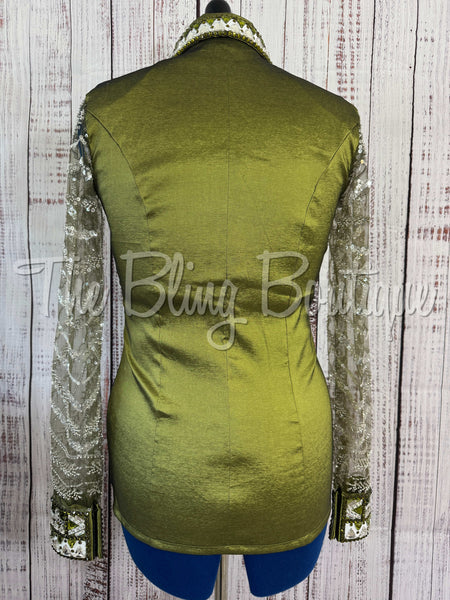 Olive Green & Grey Day Shirt Set With Lace Sleeves (M)