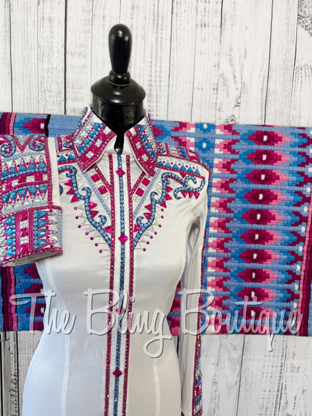 White, Periwinkle & Fuchsia Day Shirt Set (Small)