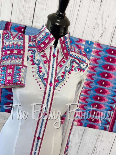 White, Periwinkle & Fuchsia Day Shirt Set (Small)