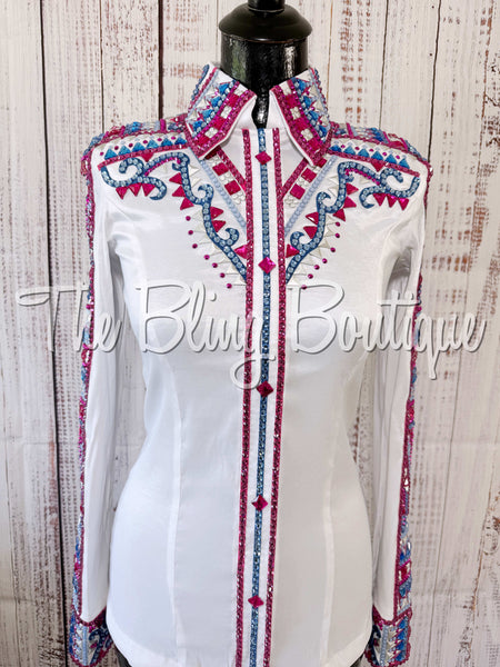 White, Periwinkle & Fuchsia Day Shirt Set (Small)