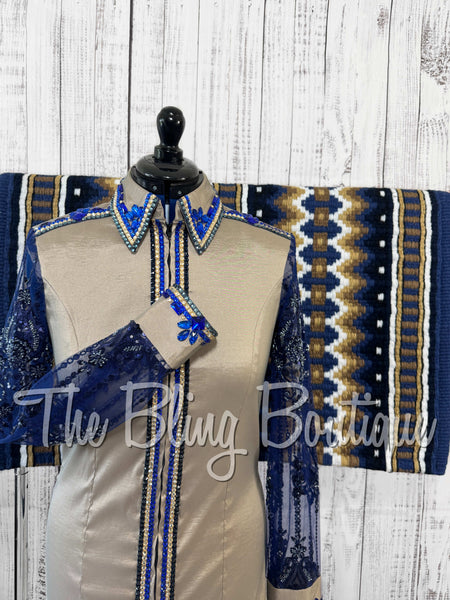 Tan & Navy Blue Day Shirt Set With Beaded Lace Sleeves (L)