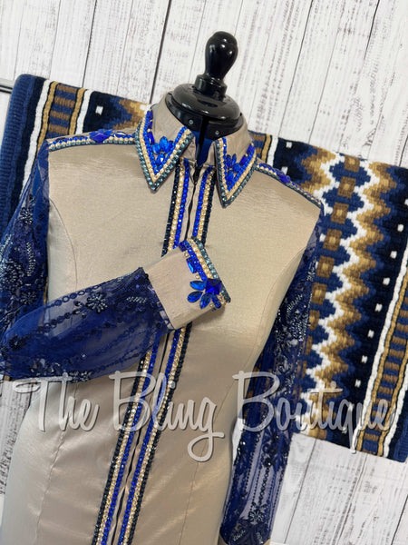 Tan & Navy Blue Day Shirt Set With Beaded Lace Sleeves (L)