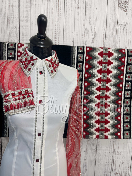 White, Red & Silver Day Shirt Set With Lace Sleeves (M)