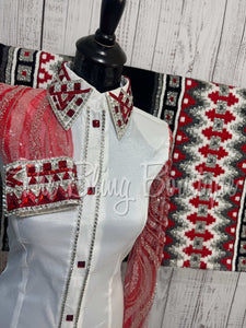 White, Red & Silver Day Shirt Set With Lace Sleeves (M)