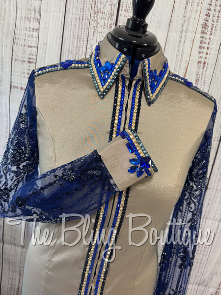 Tan & Navy Blue Day Shirt Set With Beaded Lace Sleeves (L)