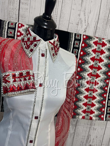 White, Red & Silver Day Shirt Set With Lace Sleeves (M)