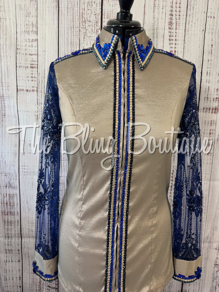 Tan & Navy Blue Day Shirt Set With Beaded Lace Sleeves (L)