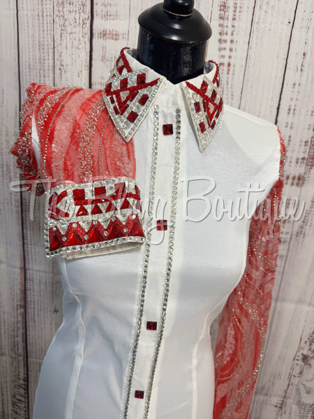 White, Red & Silver Day Shirt Set With Lace Sleeves (M)