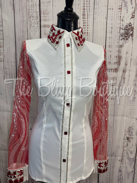 White, Red & Silver Day Shirt Set With Lace Sleeves (M)