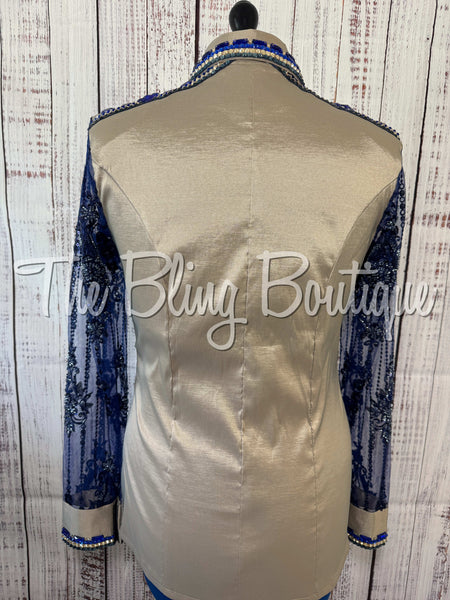 Tan & Navy Blue Day Shirt Set With Beaded Lace Sleeves (L)