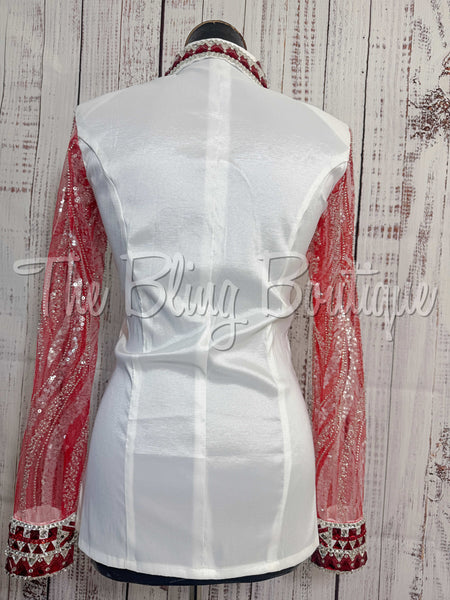 White, Red & Silver Day Shirt Set With Lace Sleeves (M)