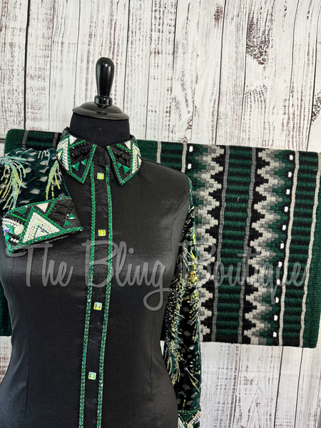 Black & Emerald Green Day Shirt Set With Sheer Sleeves (XL)