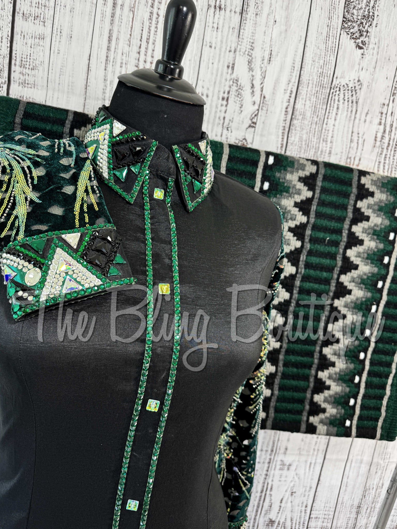 Black & Emerald Green Day Shirt Set With Sheer Sleeves (XL)