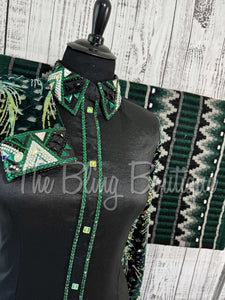 Black & Emerald Green Day Shirt Set With Sheer Sleeves (XL)