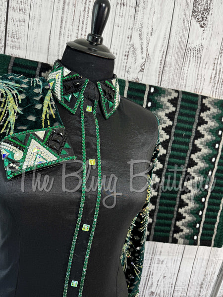 Black & Emerald Green Day Shirt Set With Sheer Sleeves (XL)