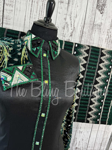 Black & Emerald Green Day Shirt Set With Sheer Sleeves (XL)