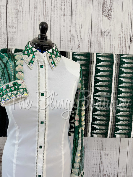 White & Emerald Green Day Shirt Set With Lace Sleeves (L)