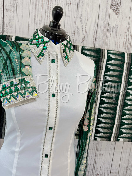 White & Emerald Green Day Shirt Set With Lace Sleeves (L)