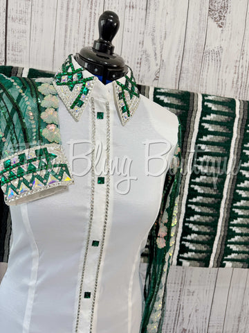 White & Emerald Green Day Shirt Set With Lace Sleeves (L)