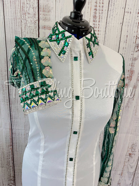 White & Emerald Green Day Shirt Set With Lace Sleeves (L)