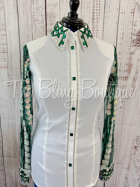 White & Emerald Green Day Shirt Set With Lace Sleeves (L)