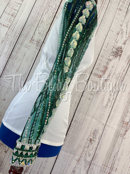 White & Emerald Green Day Shirt Set With Lace Sleeves (L)