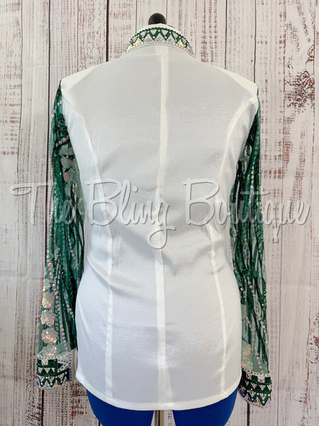 White & Emerald Green Day Shirt Set With Lace Sleeves (L)