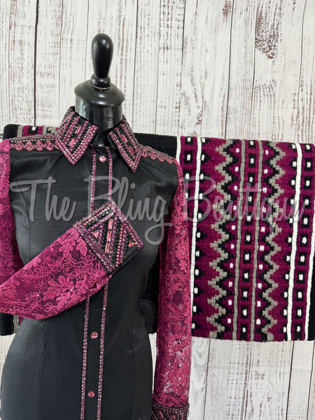 Black & Raspberry Day Shirt Set With Lace Sleeves (S)