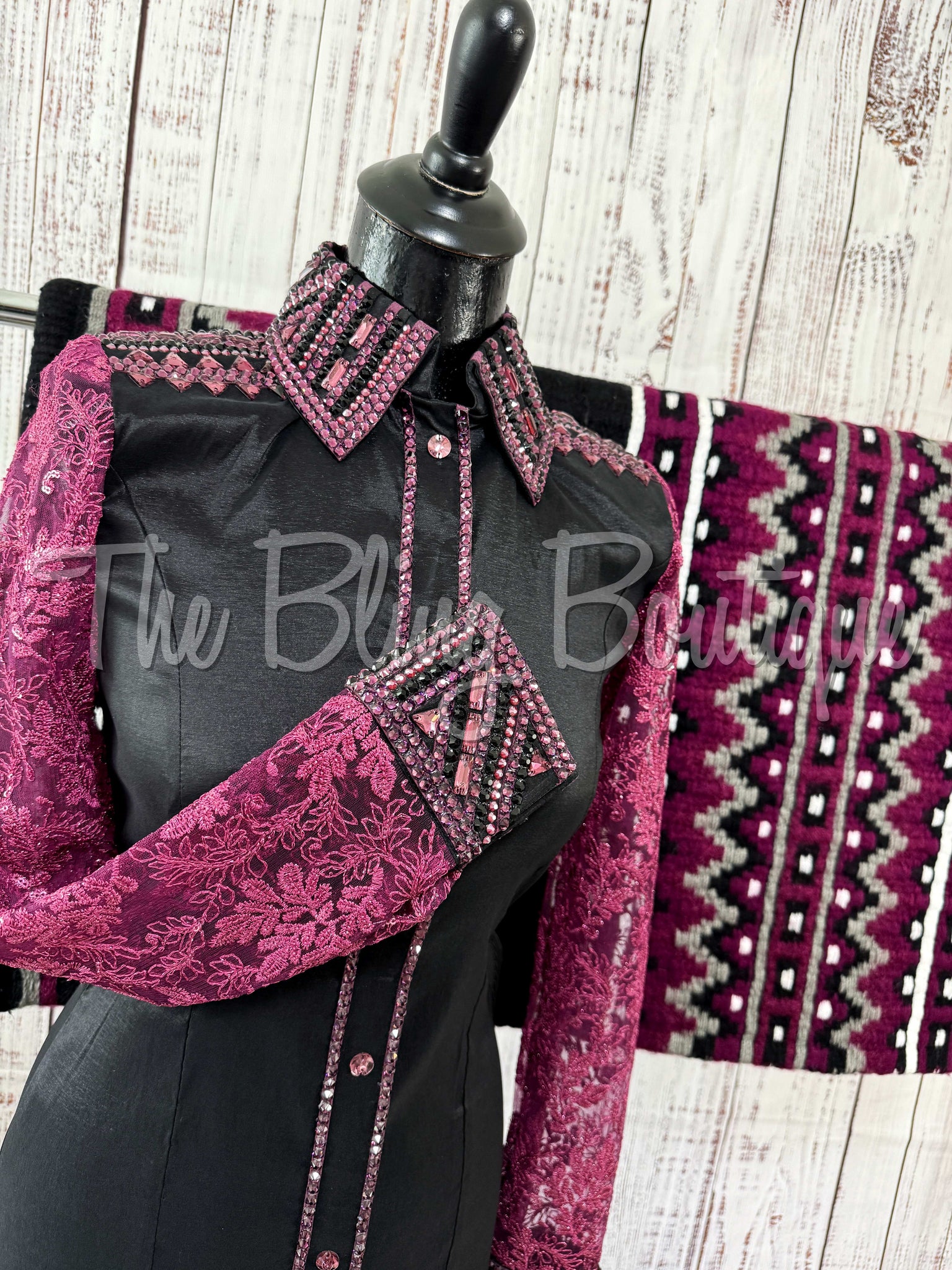 Black & Raspberry Day Shirt Set With Lace Sleeves (S)