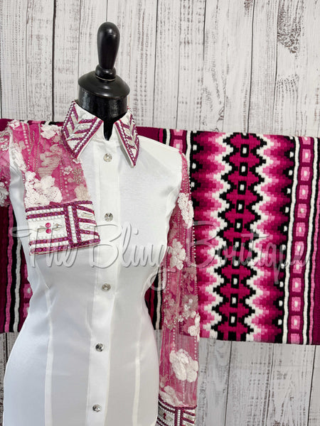 White & Fuchsia Day Shirt Set With Lace Sleeves (S)